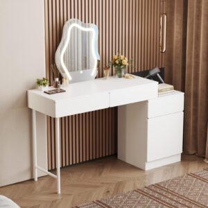 advwin makeup vanity desk with mirror and lights, modern white vanity set for bedroom, dressing table with drawers & storage, flexible length adjustment, 3 lighting modes & brightness adjustable