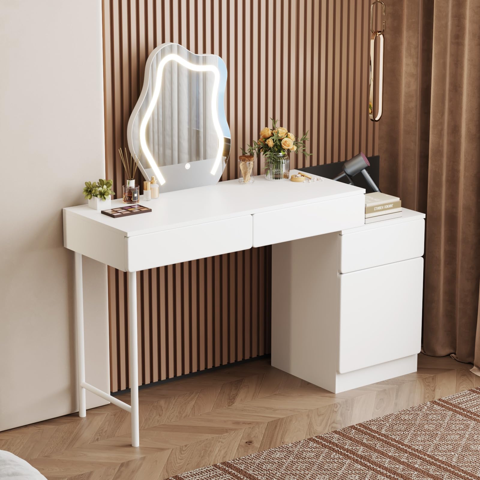 advwin Makeup Vanity Desk with Mirror and Lights, Modern White Vanity Set for Bedroom, Dressing Table with Drawers & Storage, Flexible Length Adjustment, 3 Lighting Modes & Brightness Adjustable