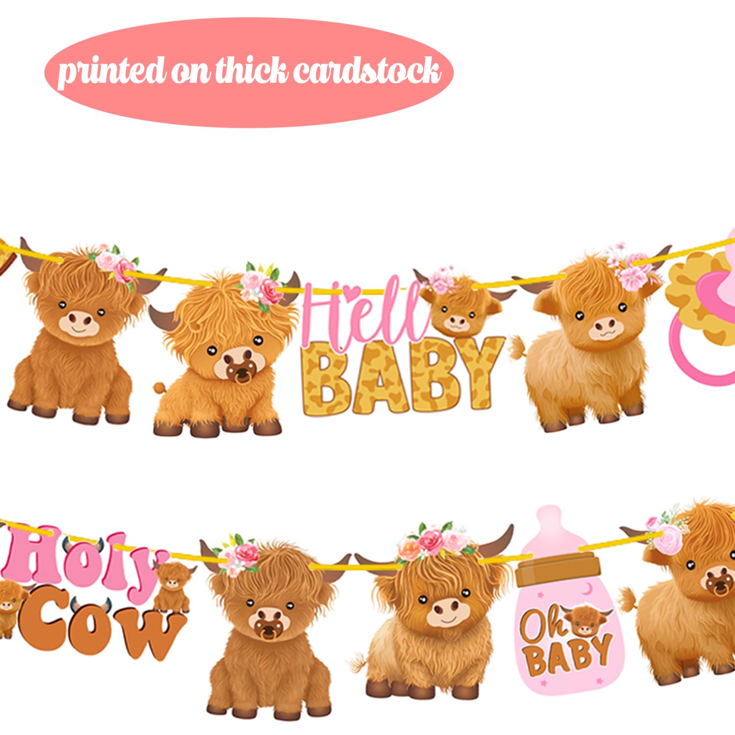 Pink Highland Cow Banners 2Pcs Highland Cow Baby Shower Party Decorations Holy Cow Baby Shower Banner Highland Cattle Cutout Decorations for Girl Oh Baby Cow Birthday Party Supplies