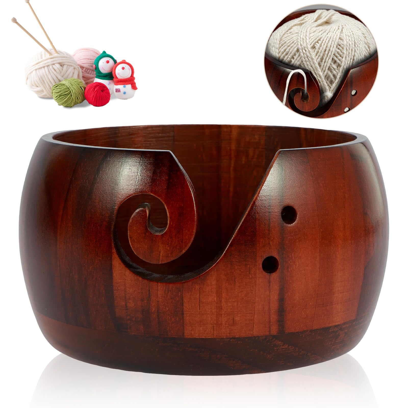 US Wooden Yarn Bowl Round Crochet Bowl Holder with Holes Pine Knitting Yarn Bowls Wooden Weaving Thread Bowl with Lid Portable Yarn Storage Bowl for DIY Knitting Crafts 5.9x5.9x3 inch(Dark -colored)