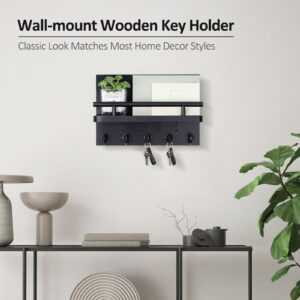 Nekon Key Holder for Wall with Shelf, Entryway Wall Organization with 9 Hooks, 9.8 Inch Wooden Key and Mail Holder with Mounting Screw Pack (Black)