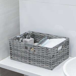 Large Storage Basket, Rectangular Wicker Basket for Organizing, Waterproof Plastic Woven Basket for Storage, Shelf Basket with Built-in Handles, Pantry Baskets-1 Pack