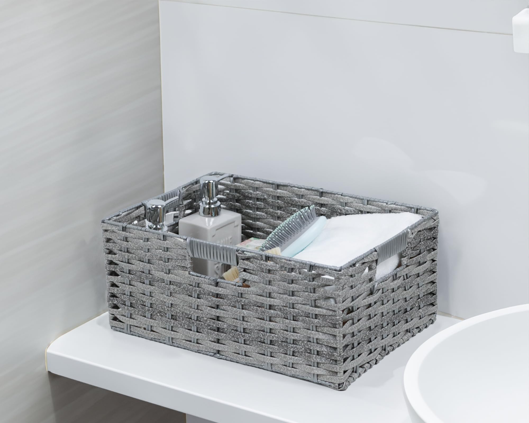 Large Storage Basket, Rectangular Wicker Basket for Organizing, Waterproof Plastic Woven Basket for Storage, Shelf Basket with Built-in Handles, Pantry Baskets-1 Pack