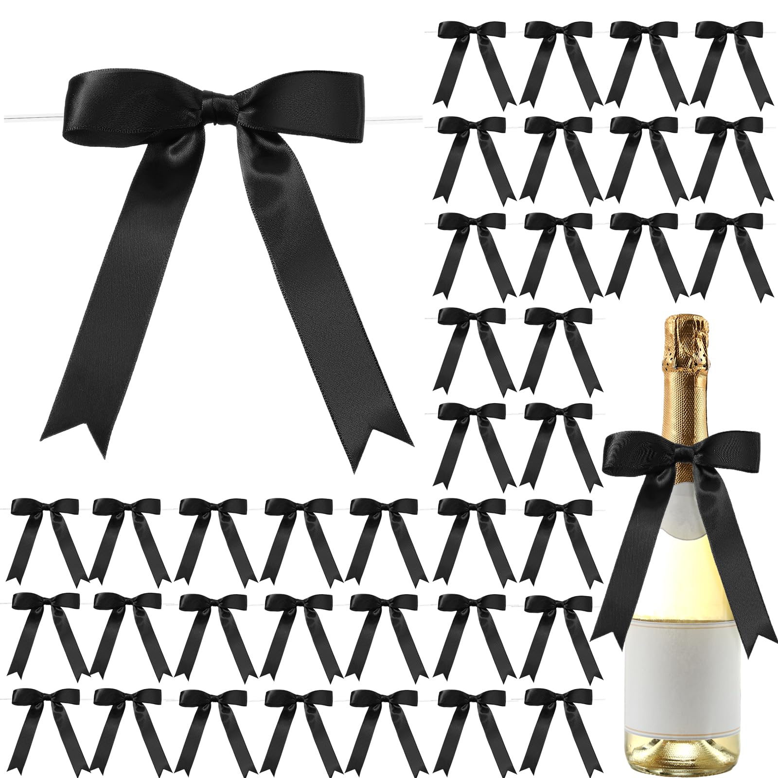 Riceshoot 50 Pcs Twist Tie Bows 5x7 Inch Large Satin Ribbon Bow for Gift Wrapping Champagne Bottle Cake Treat Bag Craft DIY Gift Wedding Baby Shower Bridal Shower Christmas Birthday Party(Black)