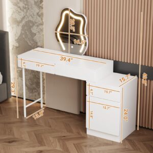 advwin Makeup Vanity Desk with Mirror and Lights, Modern White Vanity Set for Bedroom, Dressing Table with Drawers & Storage, Flexible Length Adjustment, 3 Lighting Modes & Brightness Adjustable