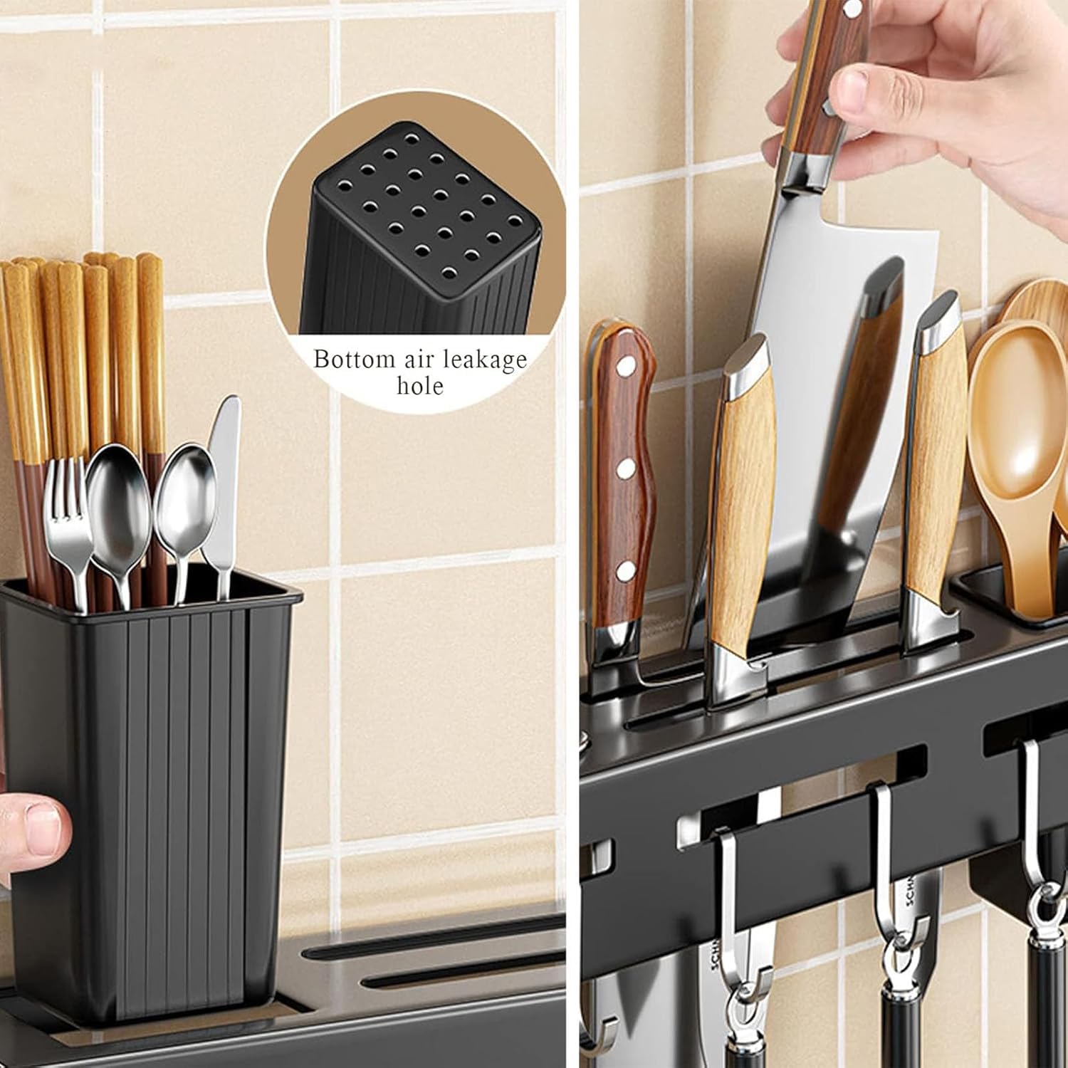 MINOCHI Knife Holder for Wall 50cm Multifunction Kitchen Knife Storage Holder with 8 Hooks, No Punch Wall Mounted Stainless Steel Knife Rack Organizer for Hanging Spoon Chopsticks - Black