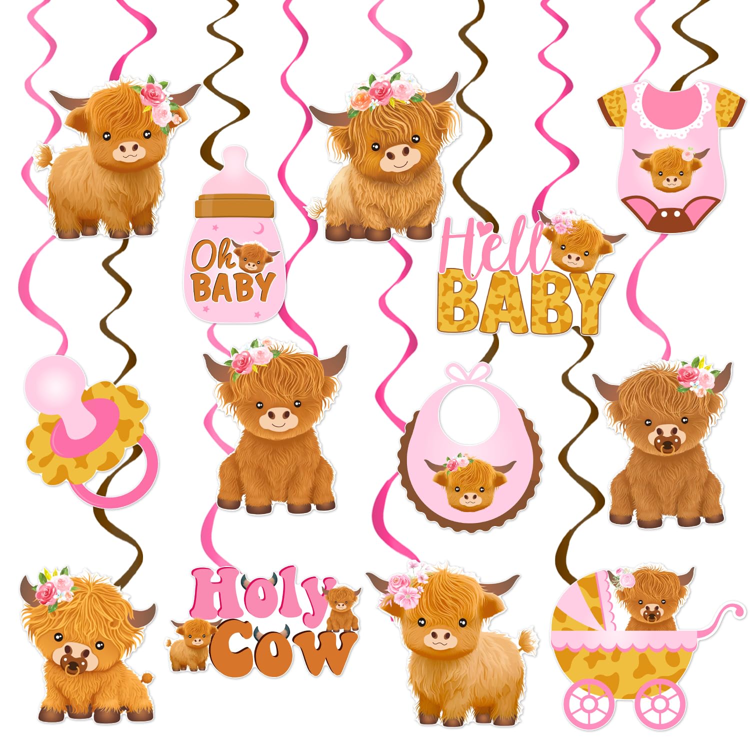 Highland Cow Baby Shower Hanging Swirls Holy Cow Baby Shower Decorations 20Pcs Highland Cattle Birthday Party Ceiling Hanging Decor Cow Party Streamers for Farm Animals Party Supplies