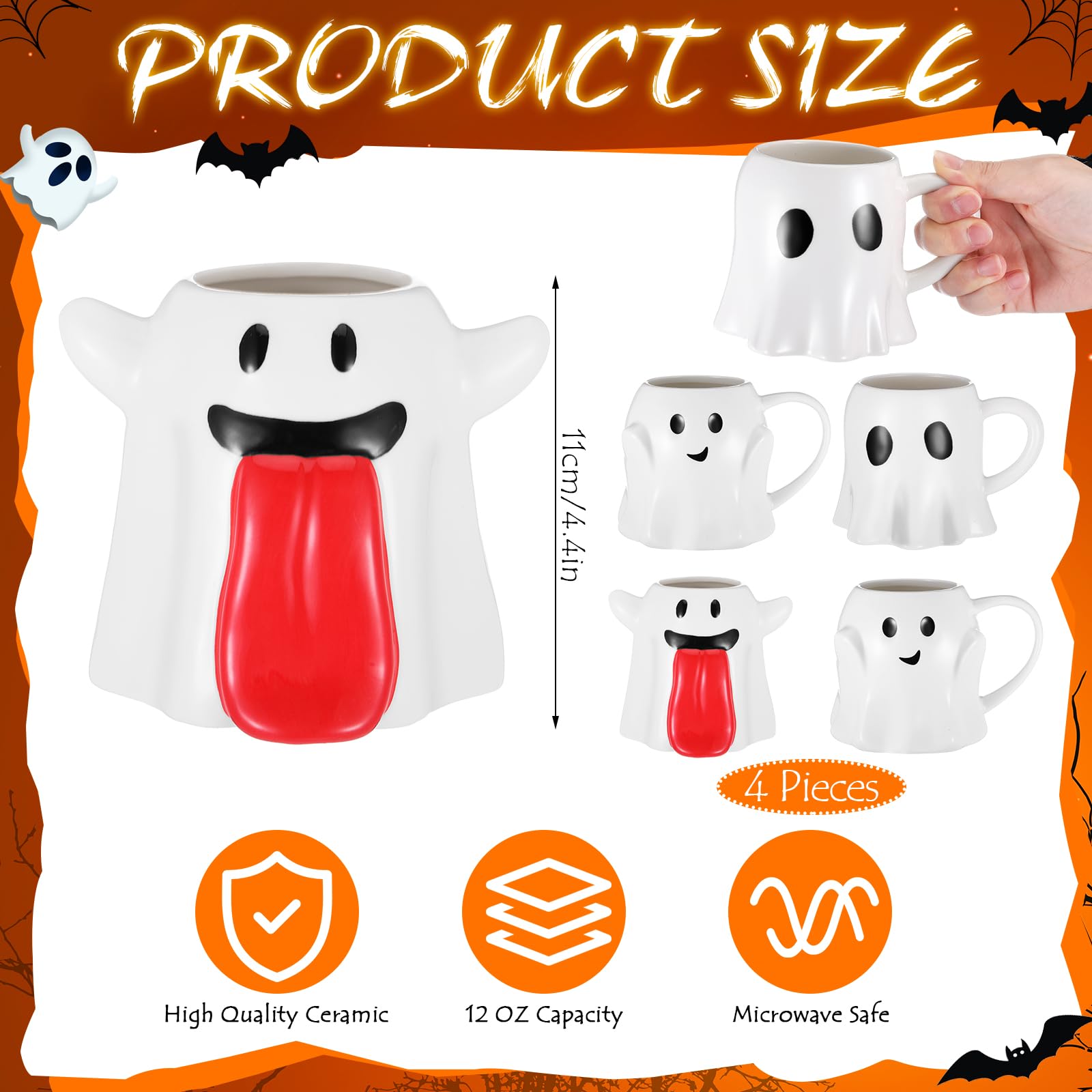 Didaey 4 Pcs 14 oz Halloween Ceramic Ghost Mug Spooky Halloween Mug Novelty Halloween Coffee Mug for Halloween Decor Gifts Coffee Lover, 3 Styles