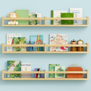 harwaya floating nursery book shelves for wall, 32 inch long wall bookshelf for kids room bedroom, wooden large wall shelf with hanging rod for baby toddler child clothes (3-pack, natural wood)