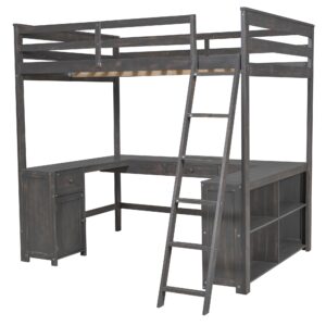 Merax Full Size Loft Bed, Wood Full Loft Bed Frame with U-Shaped Desk, Cabinet, Drawers and Storage Shelves, Antique Brown