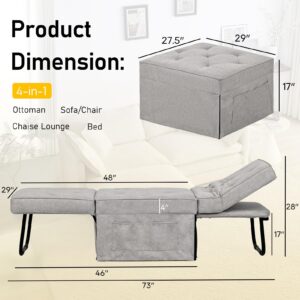 Sleeper Ottoman Bed Chair, 4 in 1 Folding Ottoman Chair Bed with Adjustable Backrest & Pillow, Multi-Function Futon Couch No Assembly for Small Space Living Room Apartment Office, 28"Width Light Grey