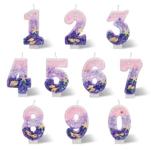 Birthday Candles for Cake, Pink and Purple Number 5 Candles Decorated with Conchs Starfish and Pearls for Mermaid Theme Party Cake Topper Supplies (Number 5)