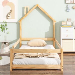 Altillo Twin Size Wood Montessori Floor Bed Frame with House-Shaped Headboard and Fence, Wooden Platform Bed Frame with Guardrails for Children Girls Boys (Natural)