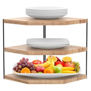 jbesuhi 3-tier wood counter corner shelf organizer-plate organizer for cabinet countertop storage - vanity counter corner shelf, skincare | plates | cups | bowls (wood+black)