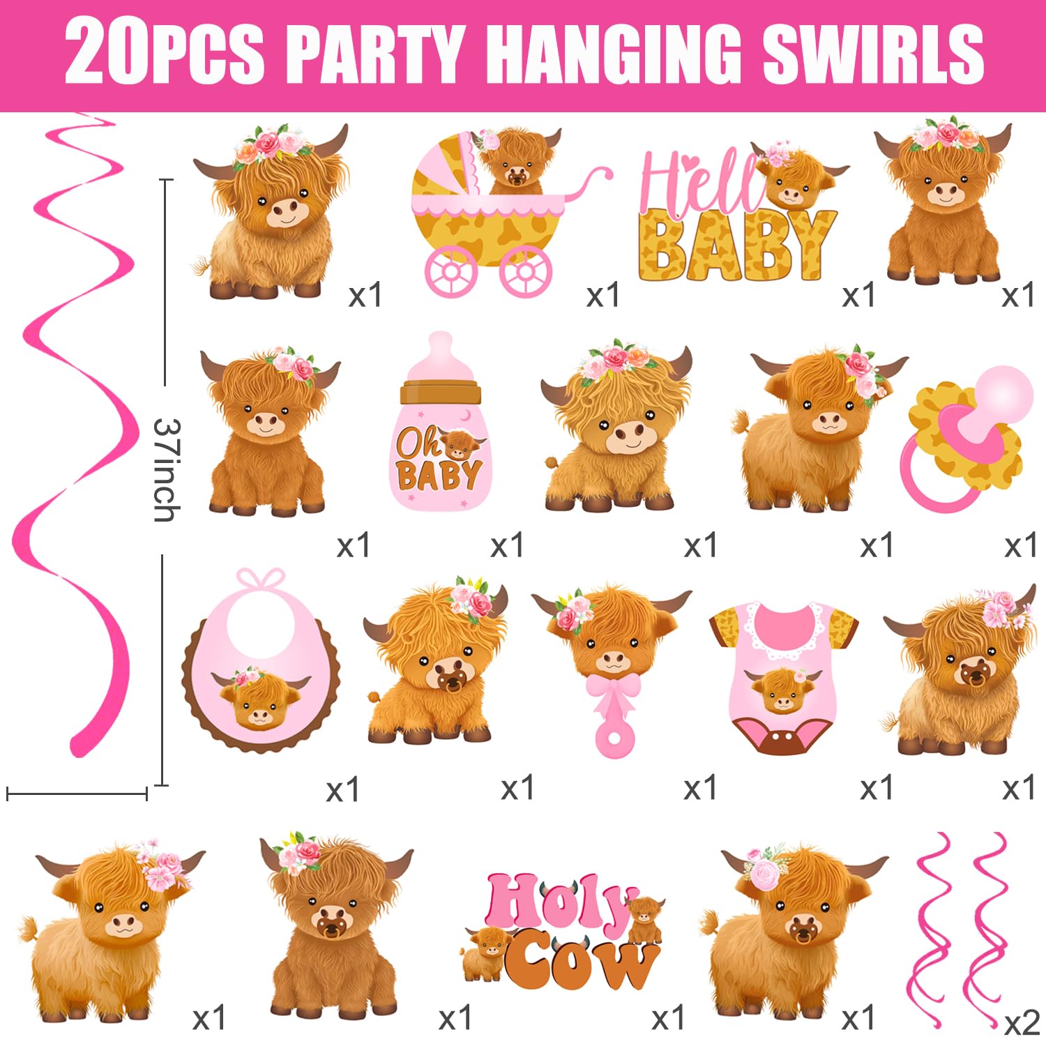 Highland Cow Baby Shower Hanging Swirls Holy Cow Baby Shower Decorations 20Pcs Highland Cattle Birthday Party Ceiling Hanging Decor Cow Party Streamers for Farm Animals Party Supplies