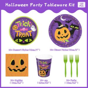 AGoooodySet 120pcs Halloween Party Supplies Trick Or Treat Plates Napkins Paper Cups Green Disposable Forks Tableware Set Halloween Party Supplies Sever 24 Guests