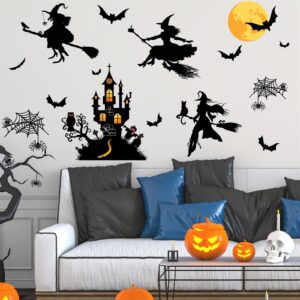 Halloween Decorations Decals Witches Wall Decor Black Bats Castle Stickers Halloween Wall Decal Peel and Stick Halloween Party Supplies Scary Spider Vinyl Sticker Art Murals for Home Window Door Decor