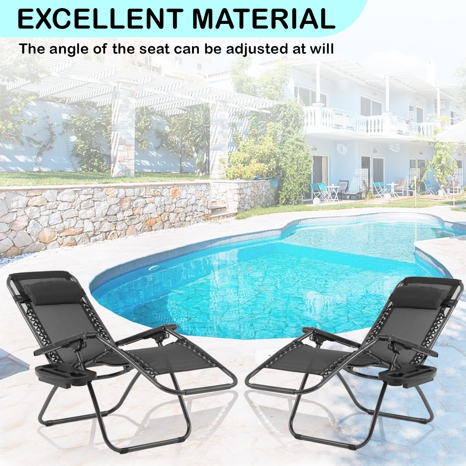 Ruesleag Zero Gravity Chair Set of 2 Folding Recliners Lawn Outdoor Lounge Gravity Reclining Patio Chairs w/Removable Pillows and Cup Holder Trays for Poolside Backyard Beach,Black