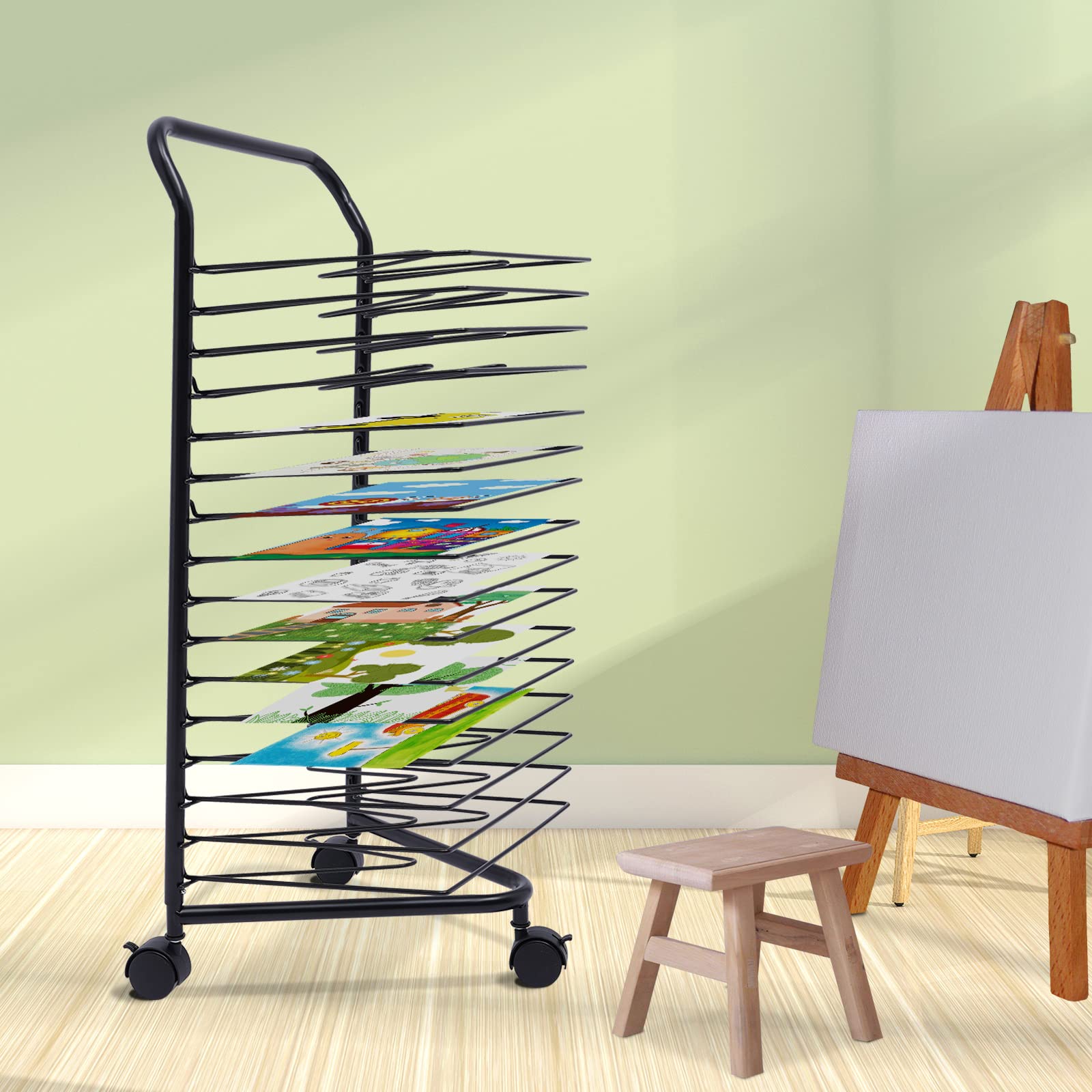 BuYouZaiLaa Art Drying Rack with Wheels for Classroom Painting Crafts 16 Shelves Metal Artwork Storage Display Rack