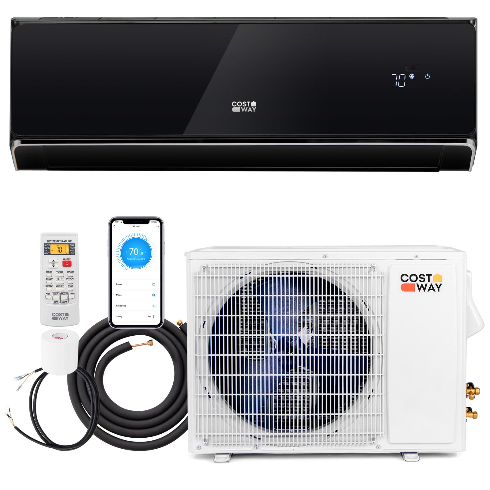 COSTWAY 18000 BTU Wifi Enabled Mini Split Air Conditioner & Heater, 21 SEER2 208-230V Inverter AC Unit Cools up to 1250 Sq. Ft., Energy Efficient (Black, 18000BTU, 208-230V, 21 SEER2-WIFI)