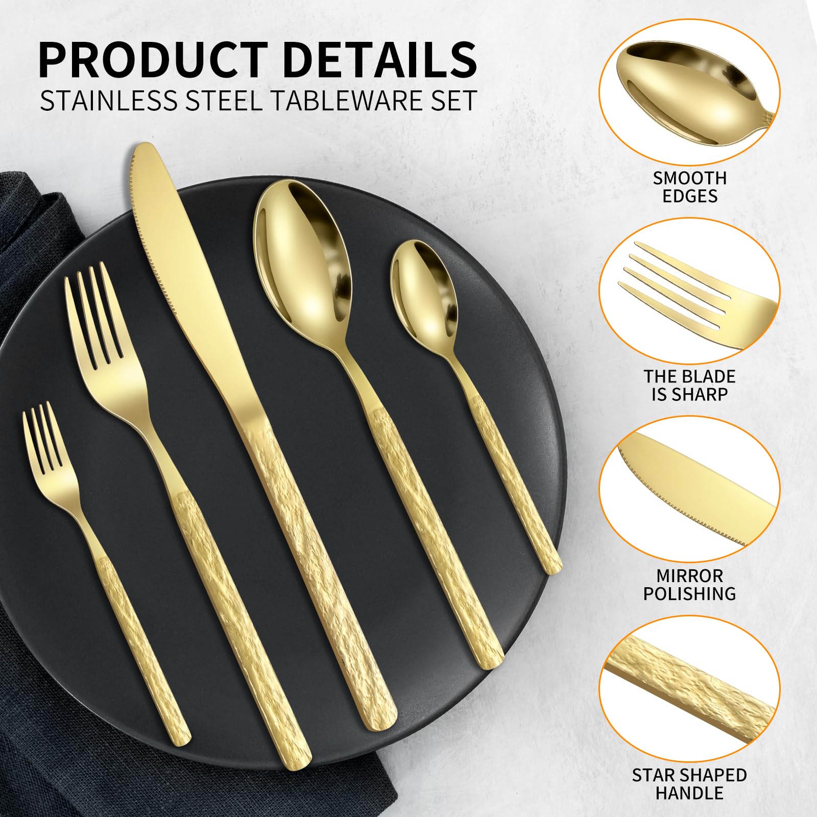 Premium 24-Piece Stainless Steel Cutlery Set with Steak Knives - Golden Silverware Set for Elegant Dining Experience