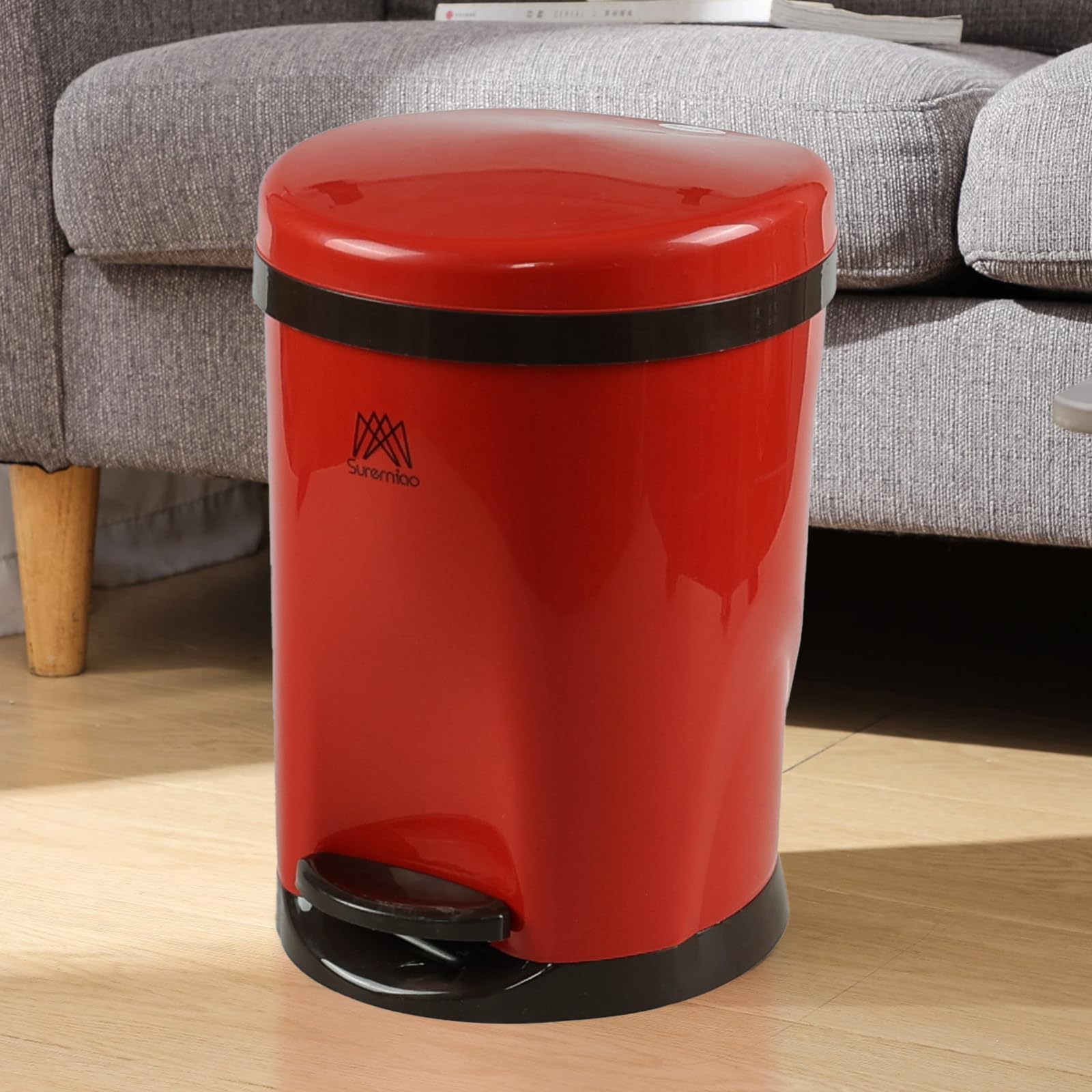 Afromy Small Bathroom Trash Can with Lid Soft Close, Step Pedal, 1.8 Gallon Garbage Can with Removable Inner Bucket, Red