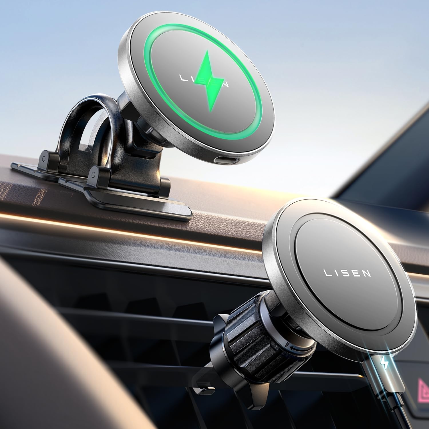 LISEN for 15W MagSafe Car Mount Charger,Universal iPhone Magnetic Wireless Car Charger,MagSafe Charging Mount Wireless for iPhone 16 Pro Max Accessories Fits iPhone 16 15 14 13 12,Matte Sliver