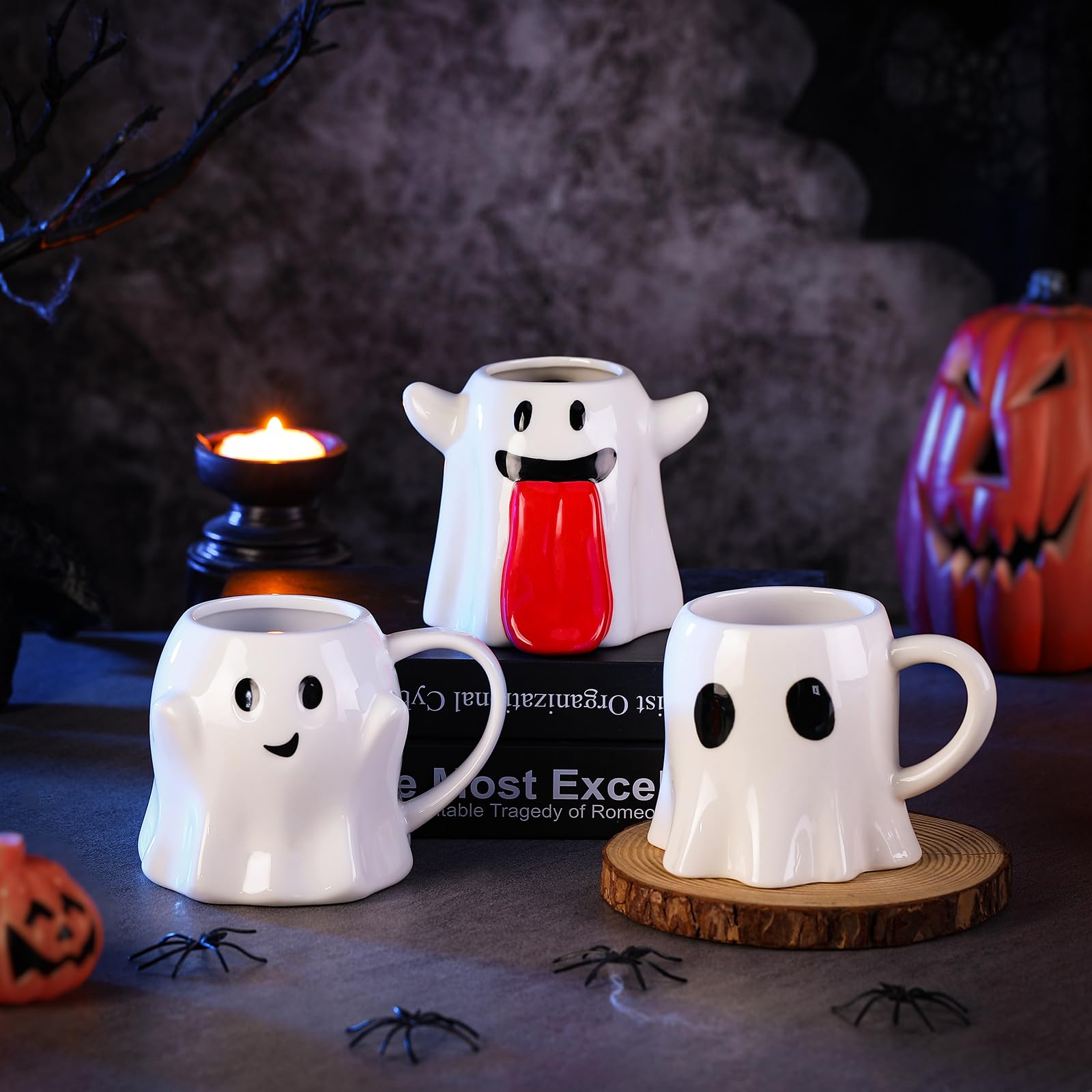 Didaey 4 Pcs 14 oz Halloween Ceramic Ghost Mug Spooky Halloween Mug Novelty Halloween Coffee Mug for Halloween Decor Gifts Coffee Lover, 3 Styles