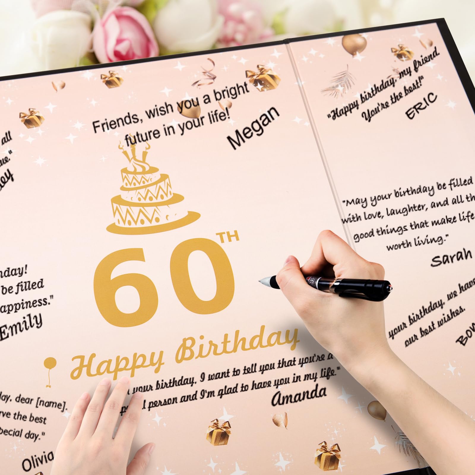 Dincerpen Black Gold 60th Birthday Decorations - 60th Birthday Guest Book, 60th Birthday Party Supplies Signature Book, Great 60th Birthday Card - 60th Birthday Party Favors for Men Women