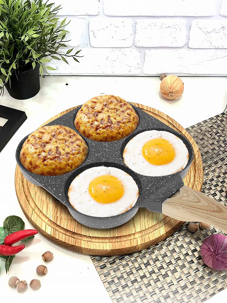 US Egg Frying Pan Aluminum 4 Cups Egg Frying Pan Nonstick Mini Egg Cooker Omelet Pan Heavy-Duty Egg Skillet with Wooden Handle Breakfast Egg Pan for Home Kitchen Cooking(black)