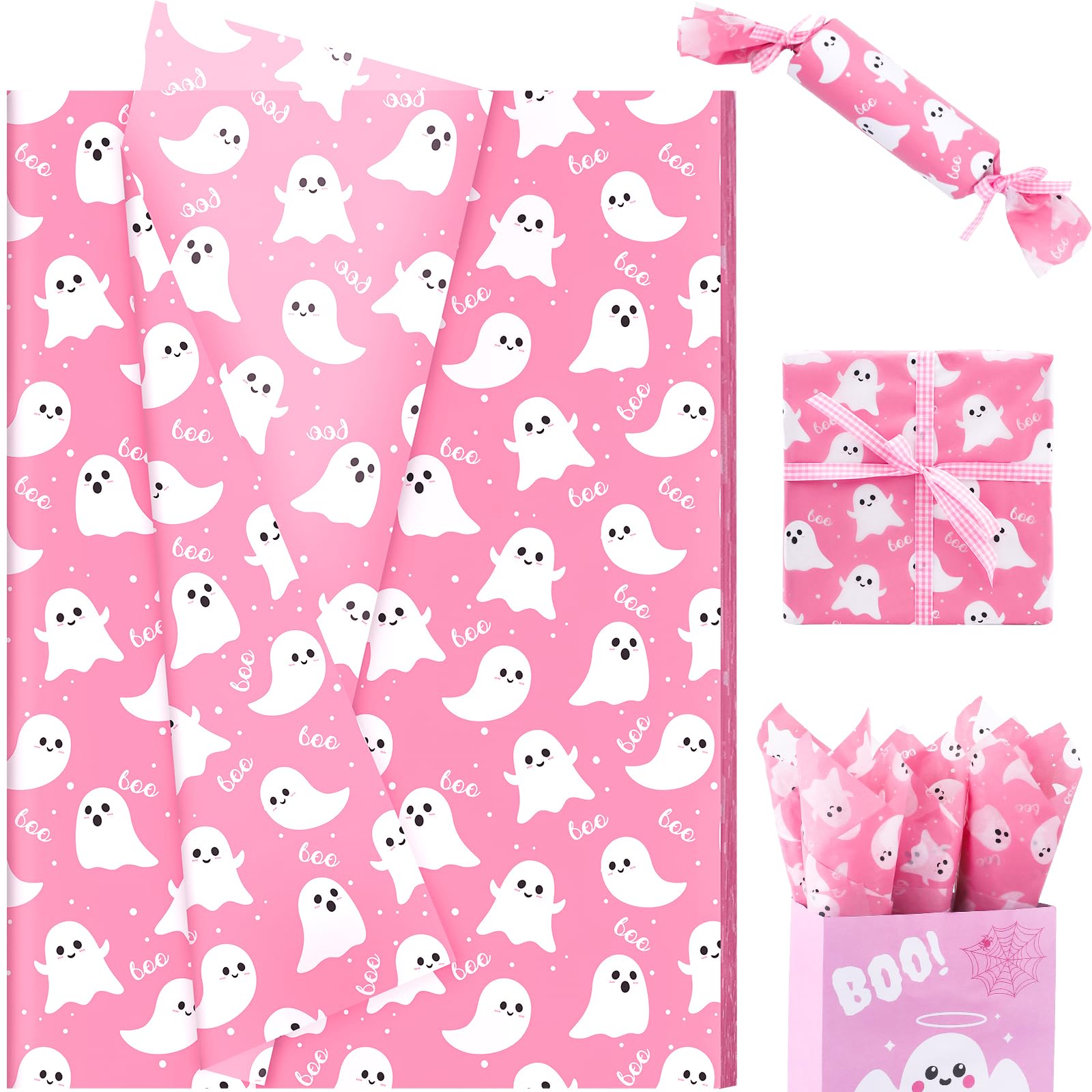 100 Sheets Pink Ghost and Boo Tissue Paper, 20 x 14in Halloween Pink Ghost Print Wrapping Tissue Cute Ghost Art Decorative Tissue for Happy Boo Day Girls Baby Shower Birthday Party Supplies