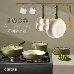 CAROTE 19pcs Pots and Pans Set, Nonstick Cookware Set Detachable Handle, Induction Kitchen Cookware Sets Non Stick with Removable Handle, RV Cookware Set, Gold and Green