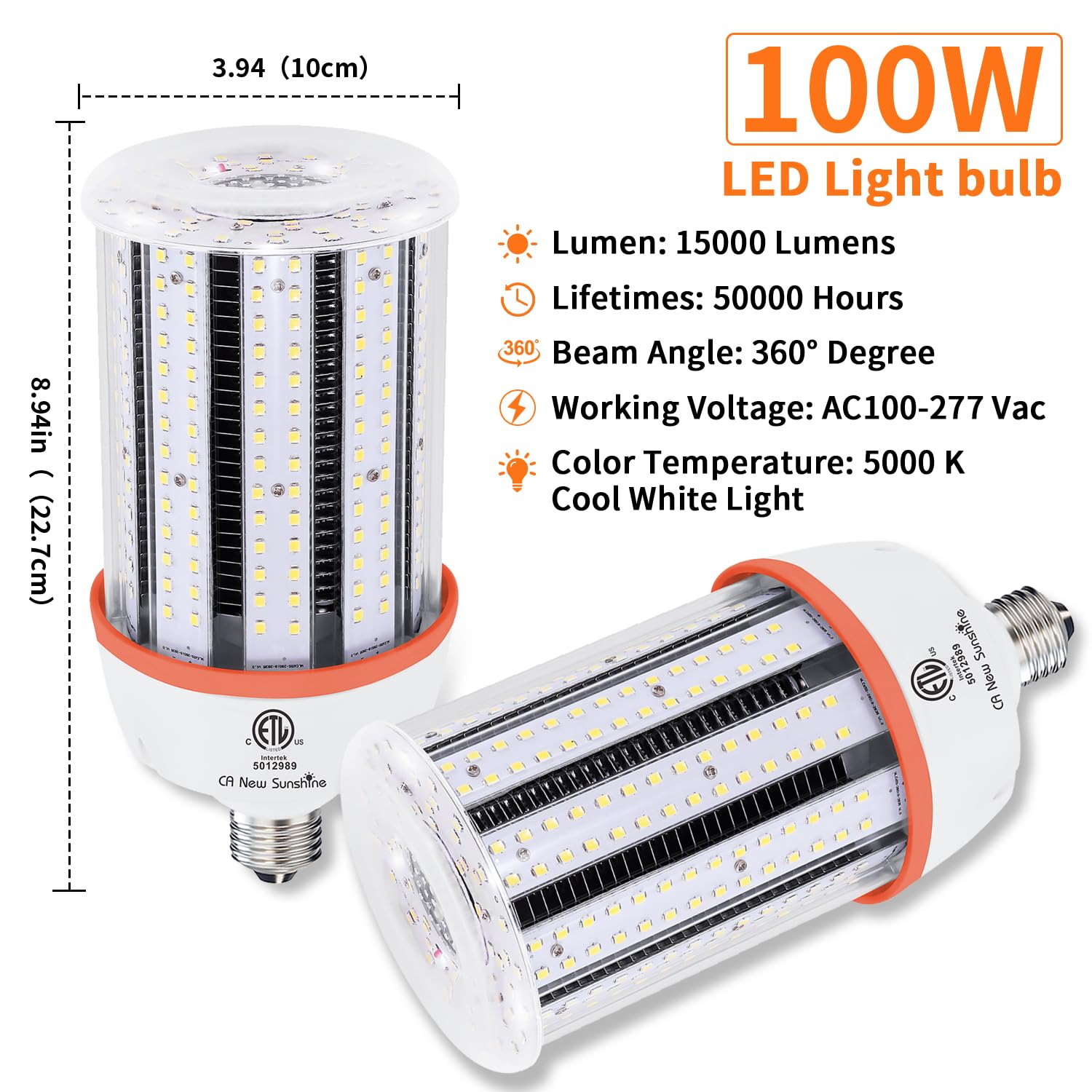 1000W Equivalent Led Corn light bulbs, 15000 Lumen LED Corn Bulb 100W 5000K Daylight White Lamp,E26/E39 Medium Mogul Base,2-Pack Large Area Lights For Outdoor Indoor Warehouse Garage High Bay Lighting