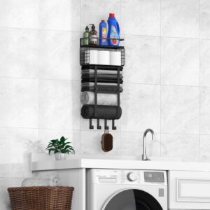 CENLEN Towel Racks for Bathroom Wall Mounted with 4 Hooks, Bathroom Towel Holder with Floating Shelves, Rolled Towel Shelf Organizer for Small Bathroom, Sturdy Metal & Wood, Black