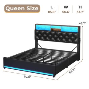 HAUOMS Queen Bed Frame with 3-Tier Headboard & Hidden Storage, Upholstered LED Bed Frame with 4 Drawers and Charging Station,Platform Metal Bed Frame with Storage, No Box Spring Needed, PU Black