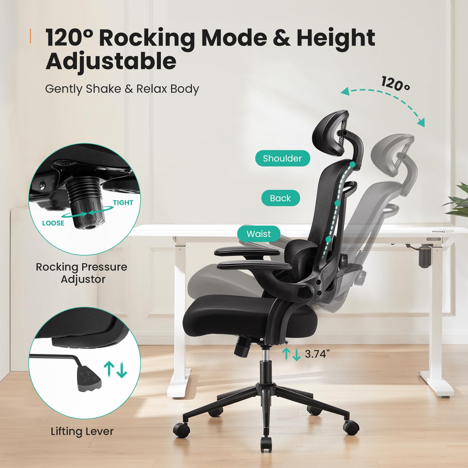 Ergonomic Mesh Office Chair, High Back Desk Chair with 2D Headrest, Up&Down Lumbar Support, Swivel Computer Task Chair with Adjustable Flip-up Armrests, Black