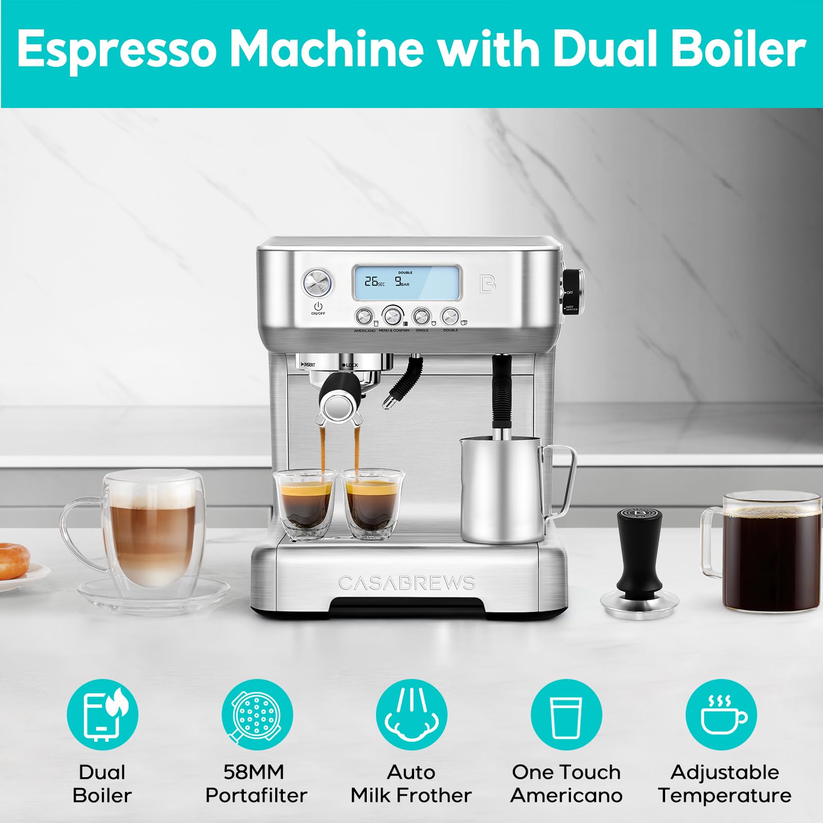 CASABREWS Espresso Machine with Automatic Milk Frother, 20 Bar Espresso Maker with Dual Boiler and LCD Display, Barista Cappuccino Latte Maker with Separate Hot Water System for Americano, Silver