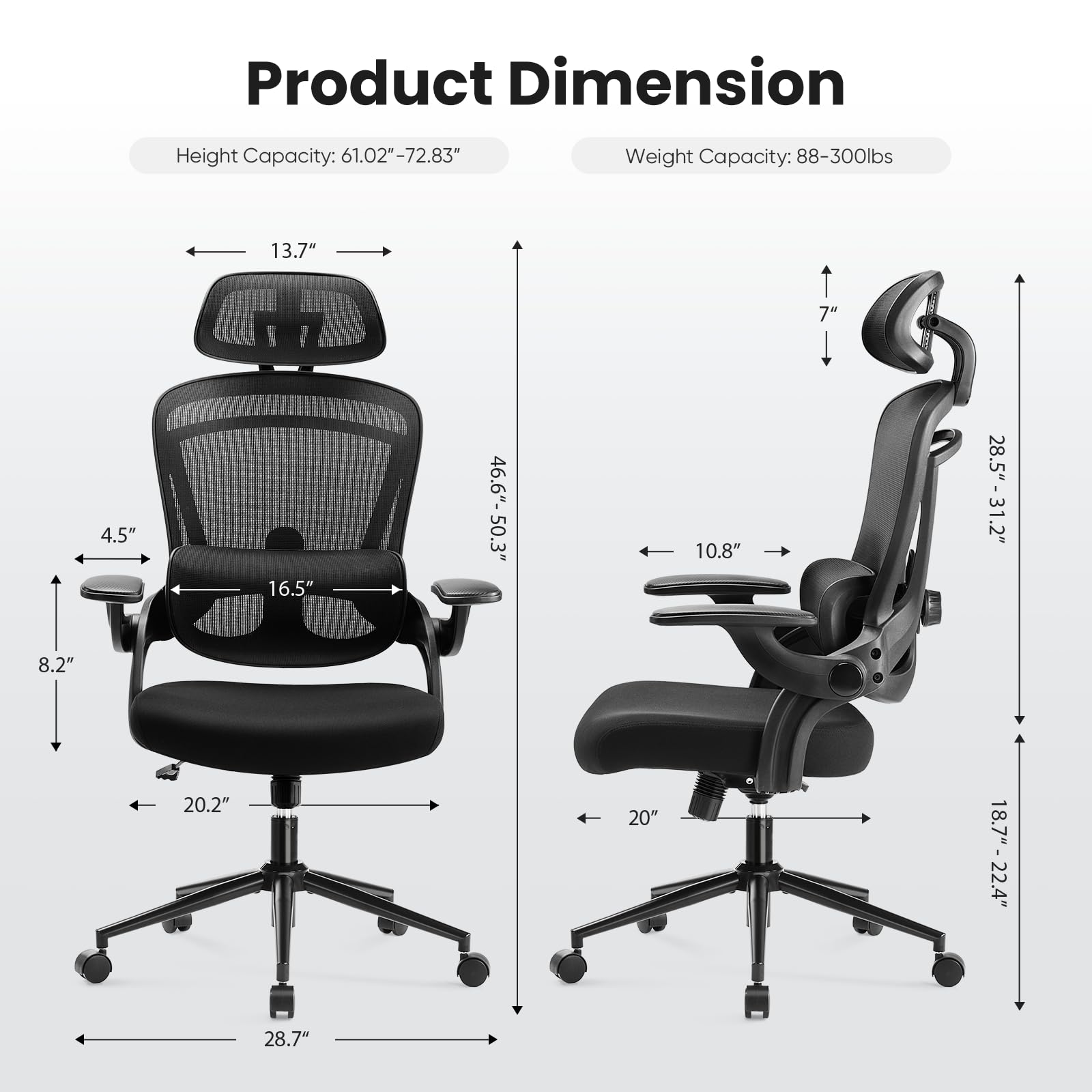 Ergonomic Mesh Office Chair, High Back Desk Chair with 2D Headrest, Up&Down Lumbar Support, Swivel Computer Task Chair with Adjustable Flip-up Armrests, Black