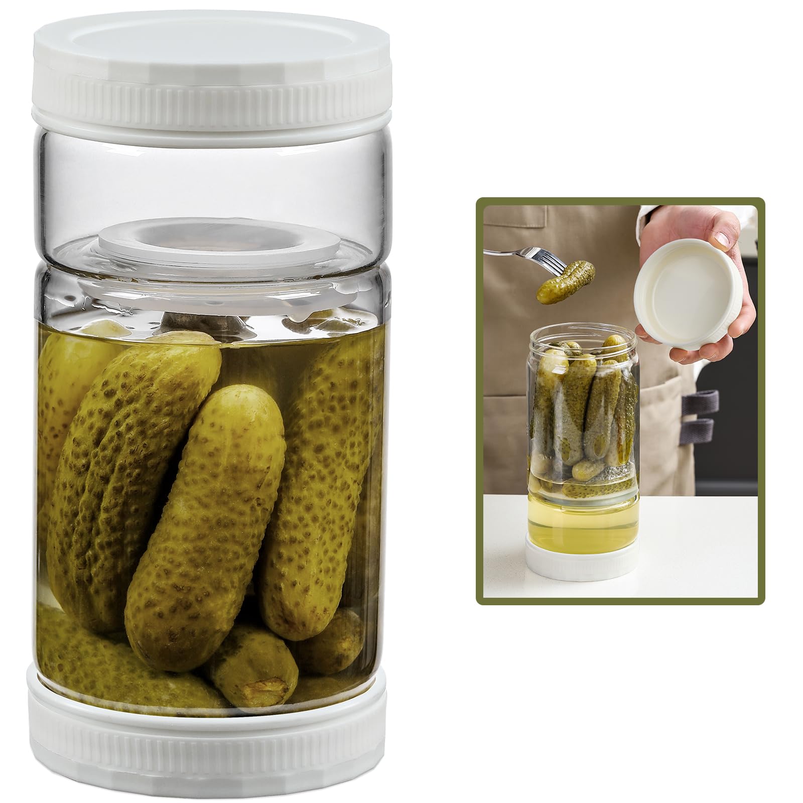 LANDNEOO 1 Pack 36oz Glass Pickle Jar with Strainer Flip, Airtight Olive or Kimchi Hourglass Container, Pickle Flip Holder Separate Food from Pickle Juice，White