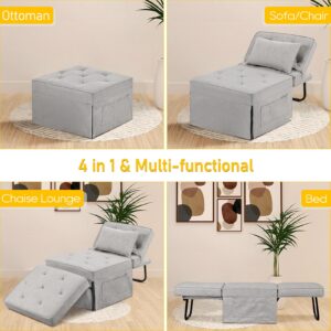 Sleeper Ottoman Bed Chair, 4 in 1 Folding Ottoman Chair Bed with Adjustable Backrest & Pillow, Multi-Function Futon Couch No Assembly for Small Space Living Room Apartment Office, 28"Width Light Grey