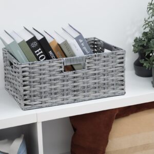 Large Storage Basket, Rectangular Wicker Basket for Organizing, Waterproof Plastic Woven Basket for Storage, Shelf Basket with Built-in Handles, Pantry Baskets-1 Pack