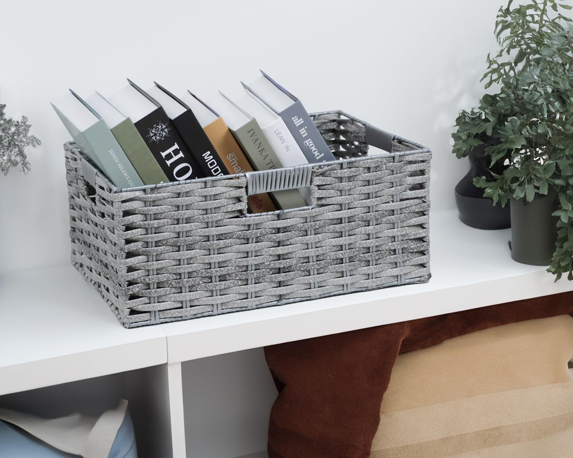 Large Storage Basket, Rectangular Wicker Basket for Organizing, Waterproof Plastic Woven Basket for Storage, Shelf Basket with Built-in Handles, Pantry Baskets-1 Pack