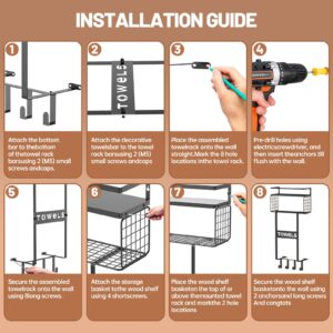 CENLEN Towel Racks for Bathroom Wall Mounted with 4 Hooks, Bathroom Towel Holder with Floating Shelves, Rolled Towel Shelf Organizer for Small Bathroom, Sturdy Metal & Wood, Black