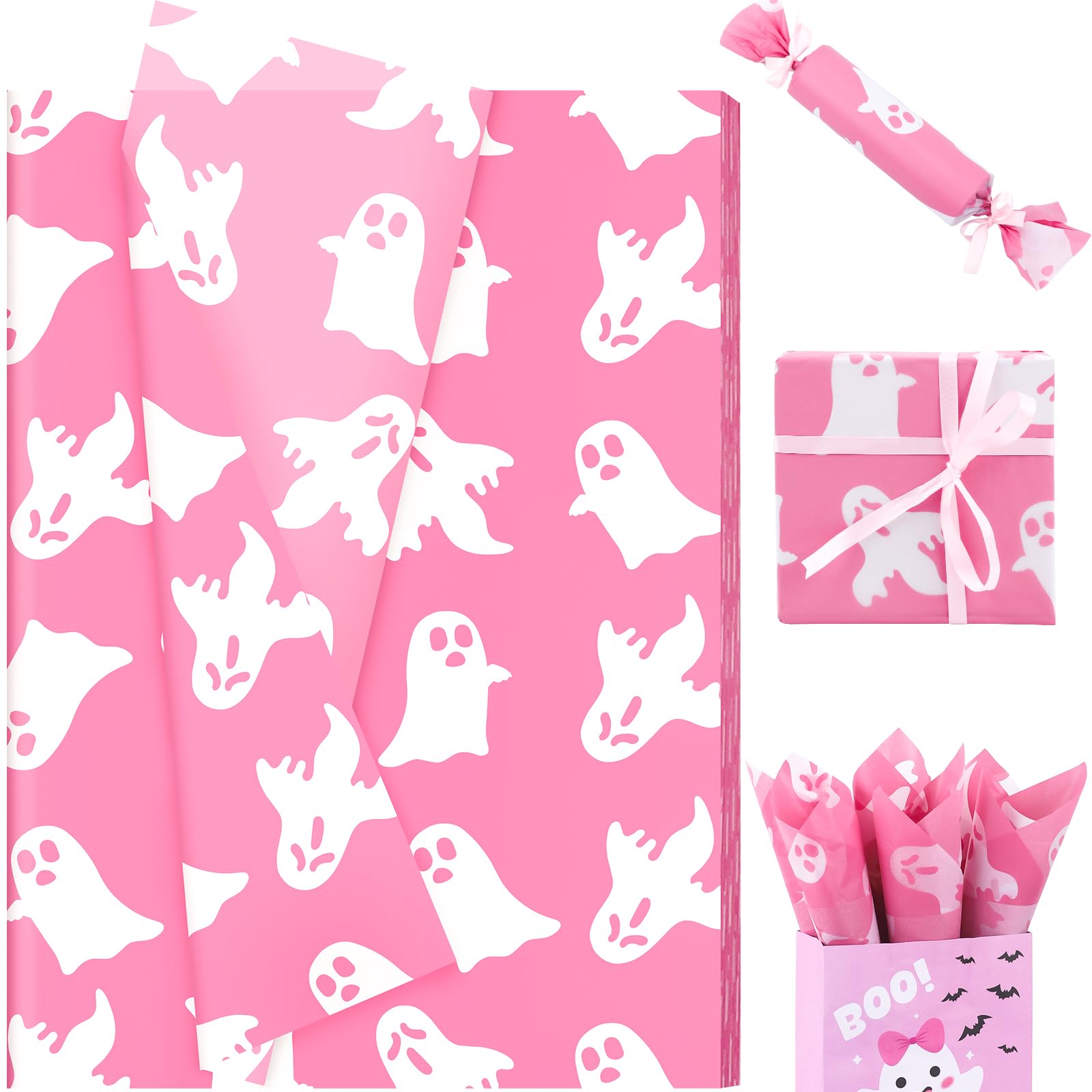 100 Sheets Halloween Pink Boo Tissue Paper, 20 x 14in Pink Ghost Print Wrapping Tissue Cute Ghpst Art Decorative Tissue for Happy Boo Day Girls Baby Shower Birthday Party Supplies