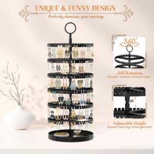 iDavosic.ly 6 Tier Rotating Earring Holder Organizer with Metal Tray, Adjustable Plastic Earring Display Stands Tree with 342 Grooves, Large Earring Storage Rack Tower for Hoop Dangle, Black