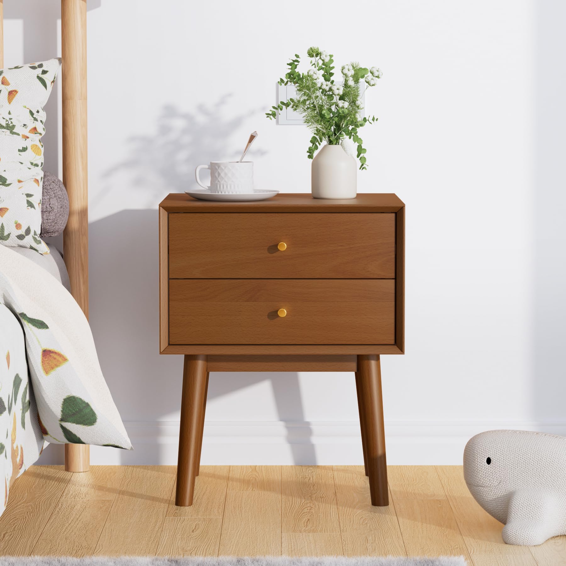 SANXIANHM Solid Wood Nightstand with 2-Drawers, Mid-Century Modern Night Stand,Small and Tall Bedside Table