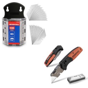 workpro utility knife blades sk5 steel 100-pack with dispenser and folding utility knife with axis lock