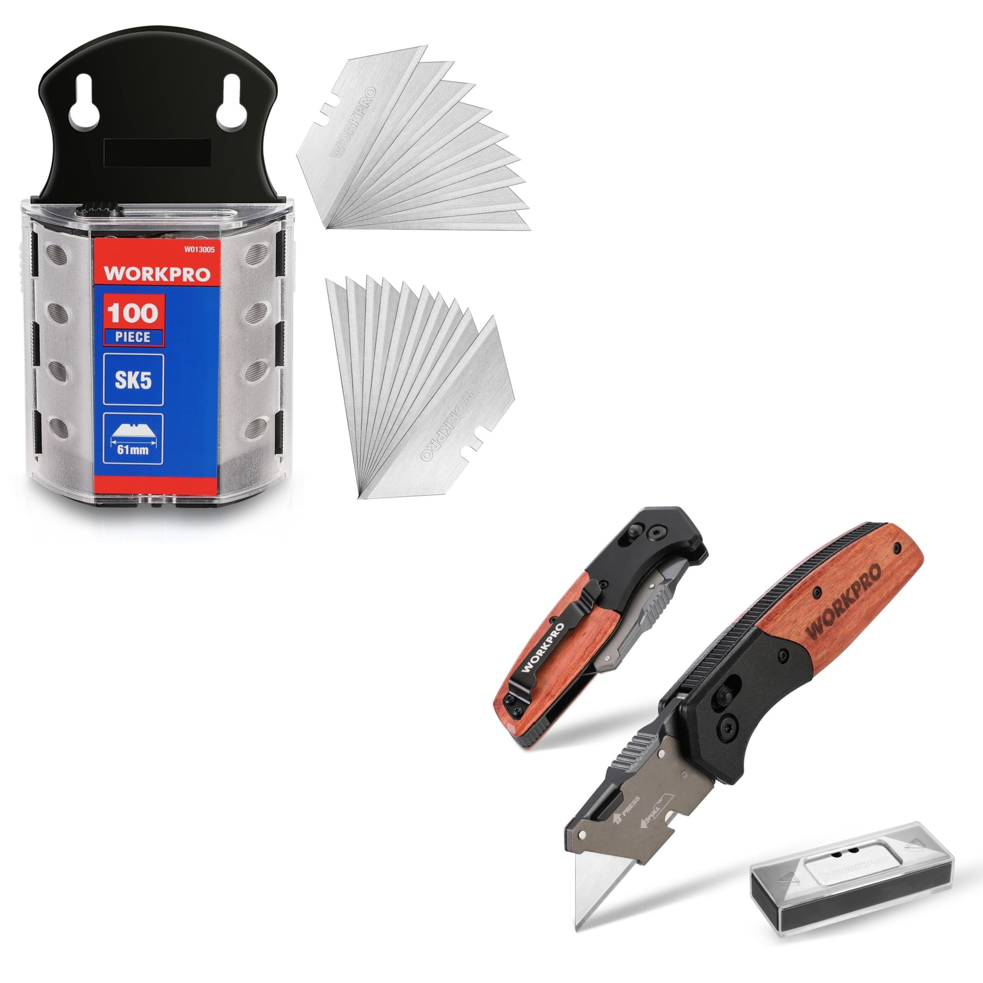 WORKPRO Utility Knife Blades SK5 Steel 100-Pack with Dispenser and Folding Utility Knife with Axis Lock