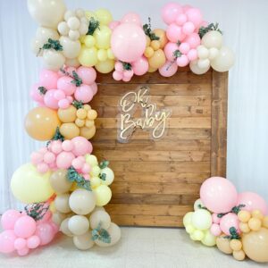 blissbash 125pcs pastel pink, light yellow, nude and sand white balloon arch garland kit - macaron balloons for baby shower, birthday, bear theme party decorations