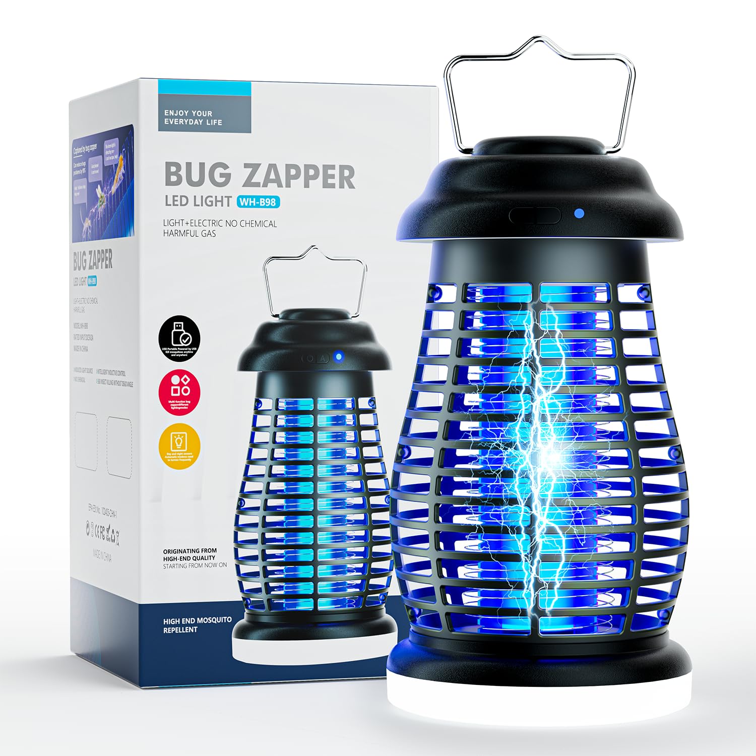 Cordless Bug Zapper Outdoor & with LED IP67 Waterproof Mosquito Zapper Indoor & Camping 4800mAh Electric Wireless Fly Zapper Portable Fly Trap (Black)